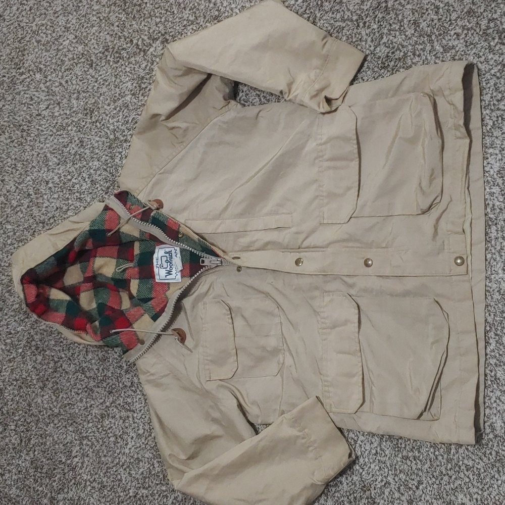 VTG Woolrich Field Jacket Women's Beige Coat with Plaid Lining Size Large